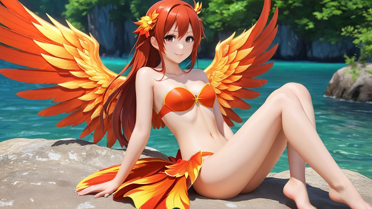 Fantasy Character with Orange Wings by a Blue Lake