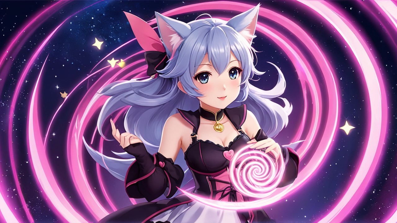 Anime girl with blue hair and cat ears in starlit scene