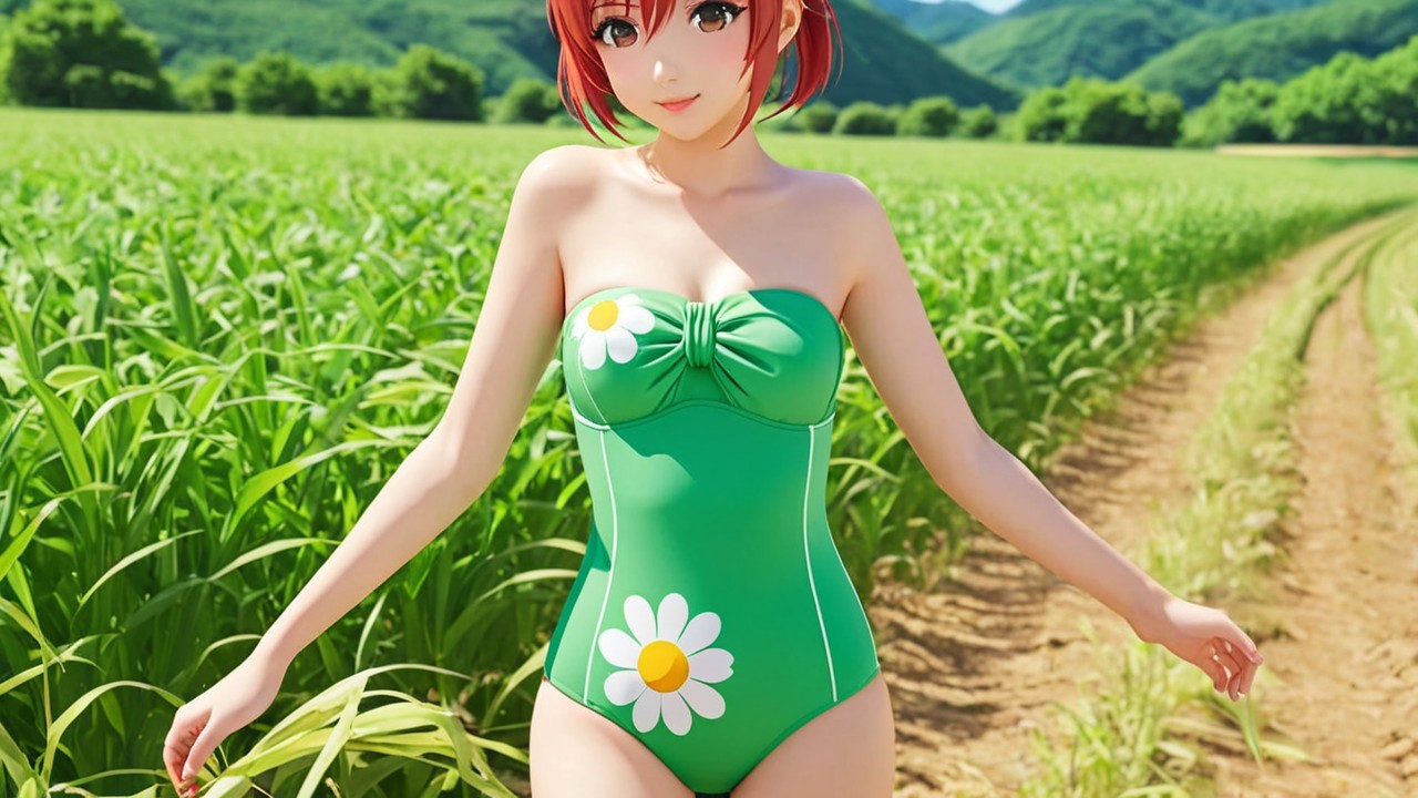 Young woman in green swimsuit with daisies outdoors