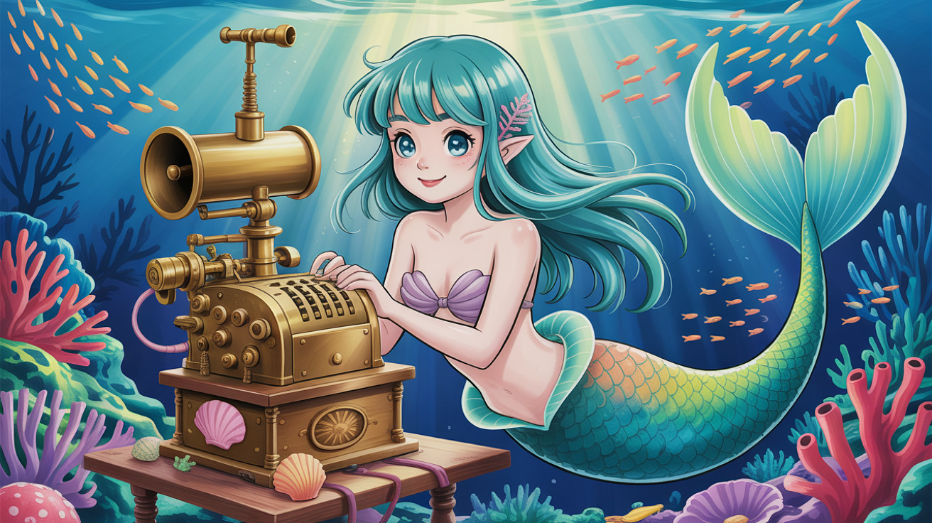 Cute anime mermaid in steampunk underwater scene