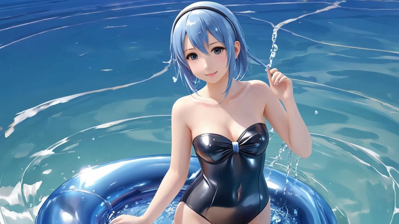 Young character in blue hair poses on inflatable ring
