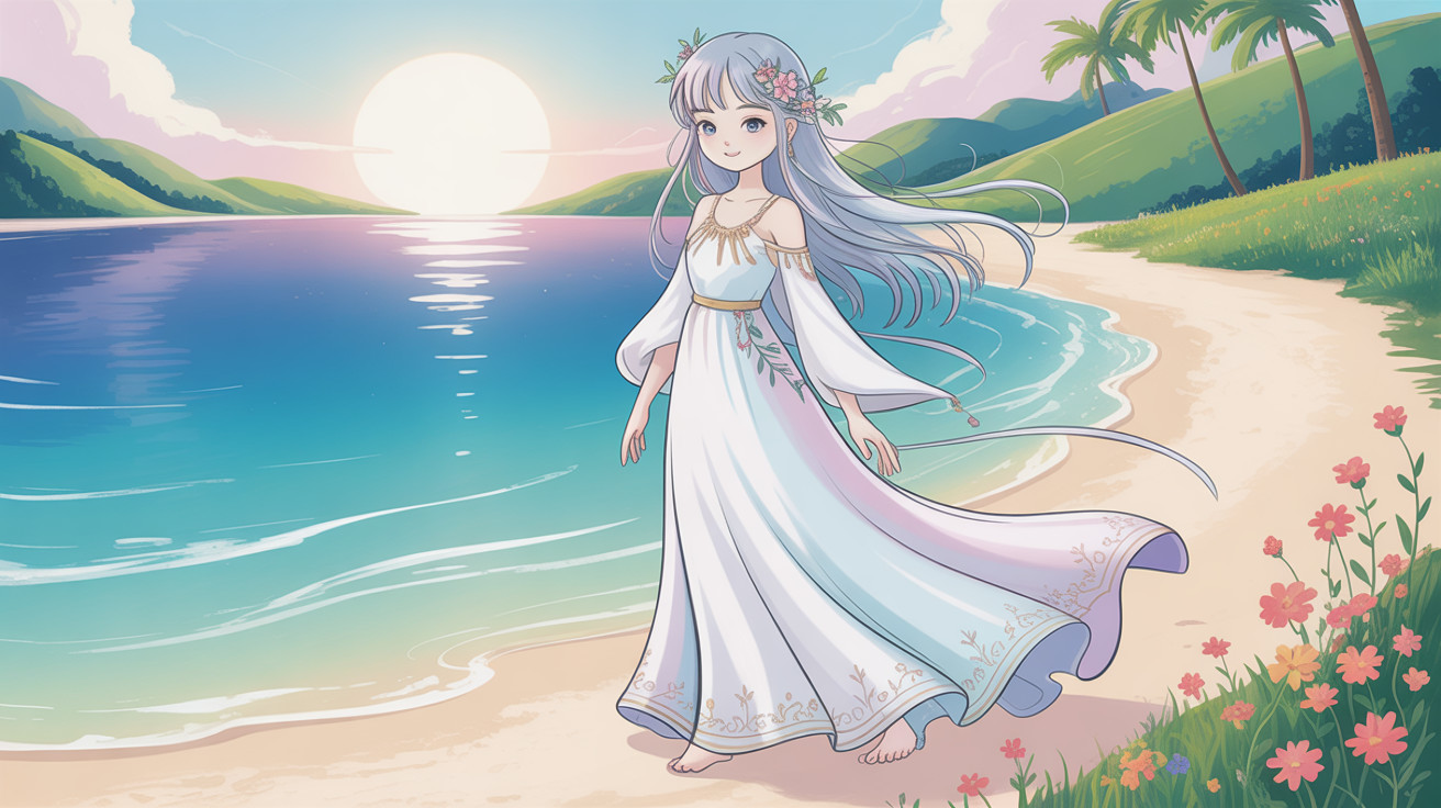 Anime Illustration of Girl on Beach at Sunset