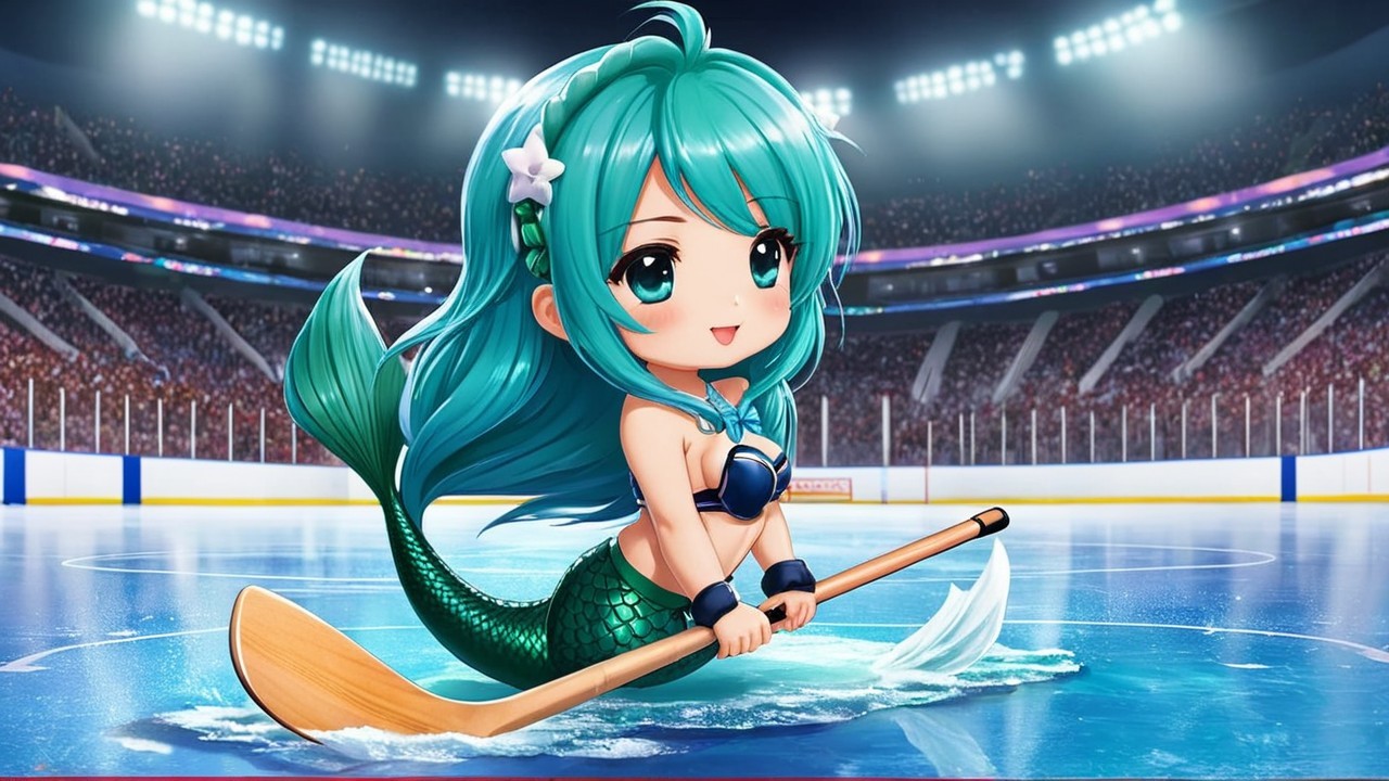 Mermaid on Ice Hockey Rink with Cheerful Expression