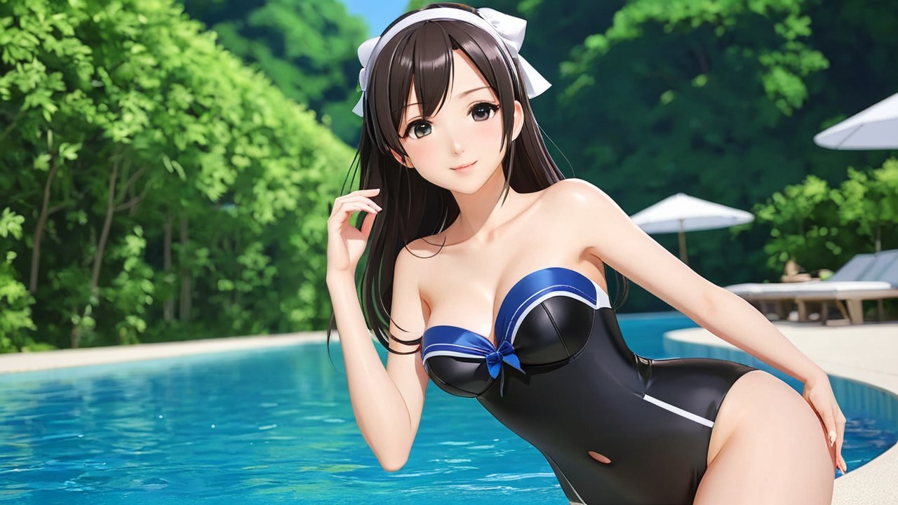 Realistic Anime Character Posing at Sunny Poolside