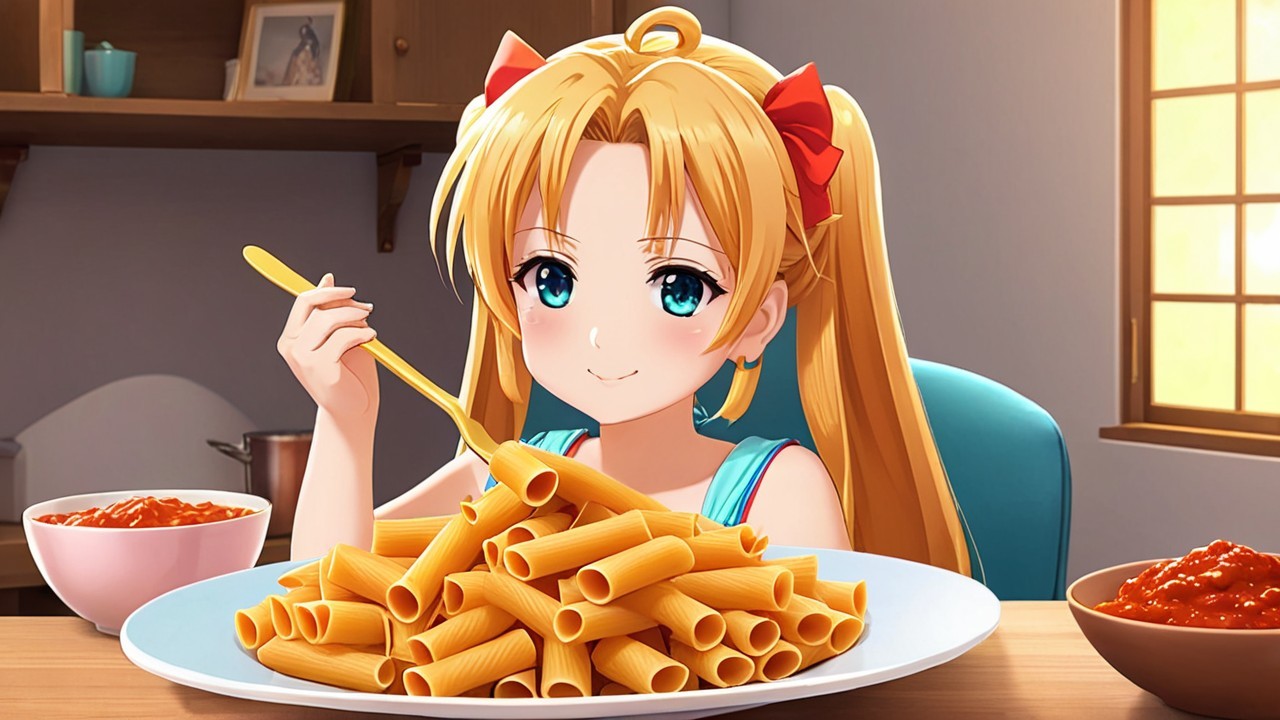 Cheerful character enjoying pasta in a cozy kitchen