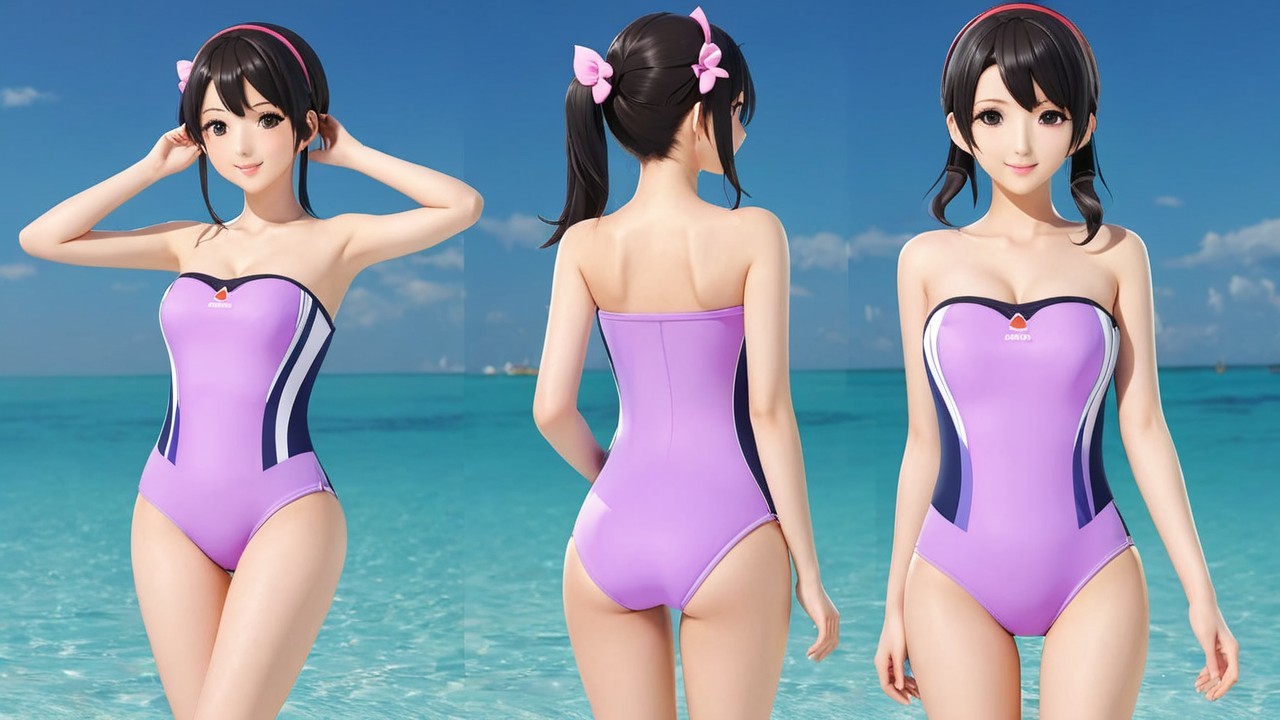 Digital Character in Purple Swimsuit by Ocean