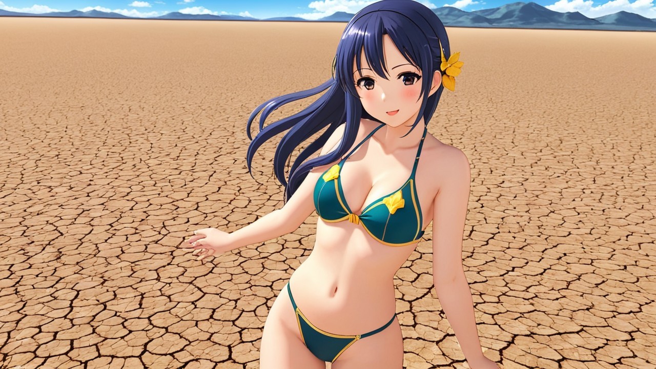 Cheerful Anime Character in Vibrant Bikini in Desert
