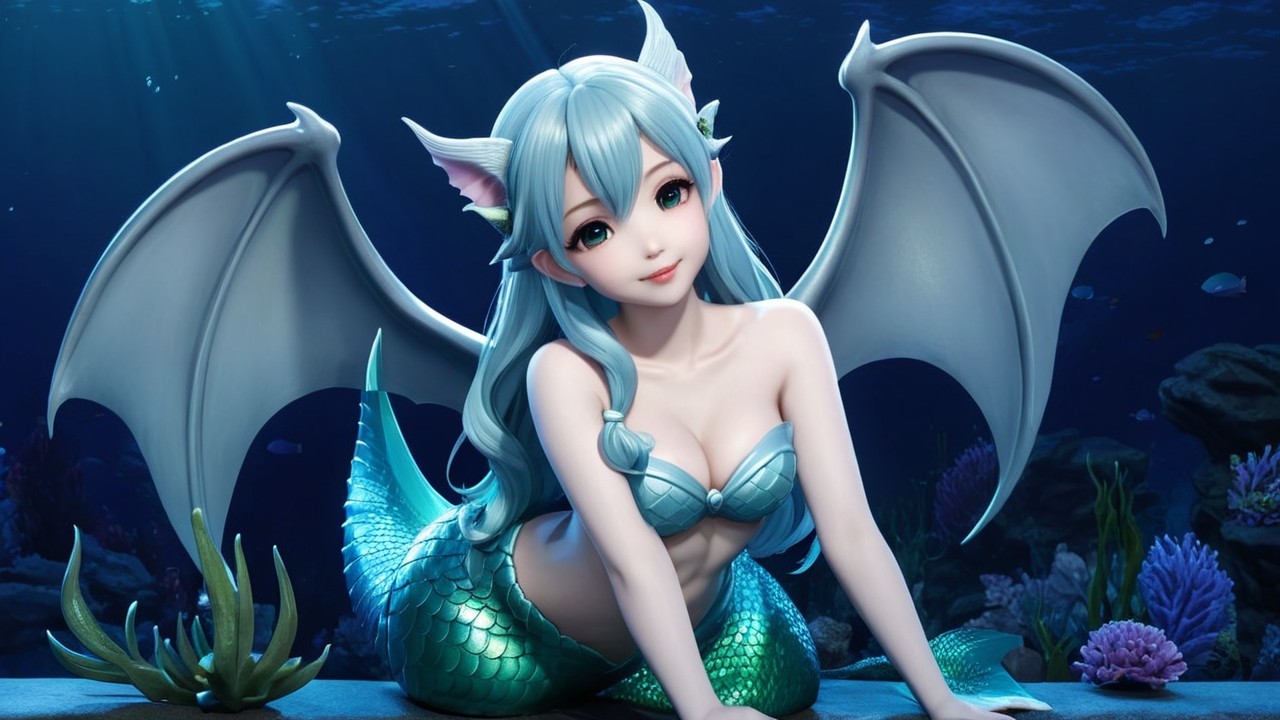 Mermaid with Turquoise Scales in Underwater Scene