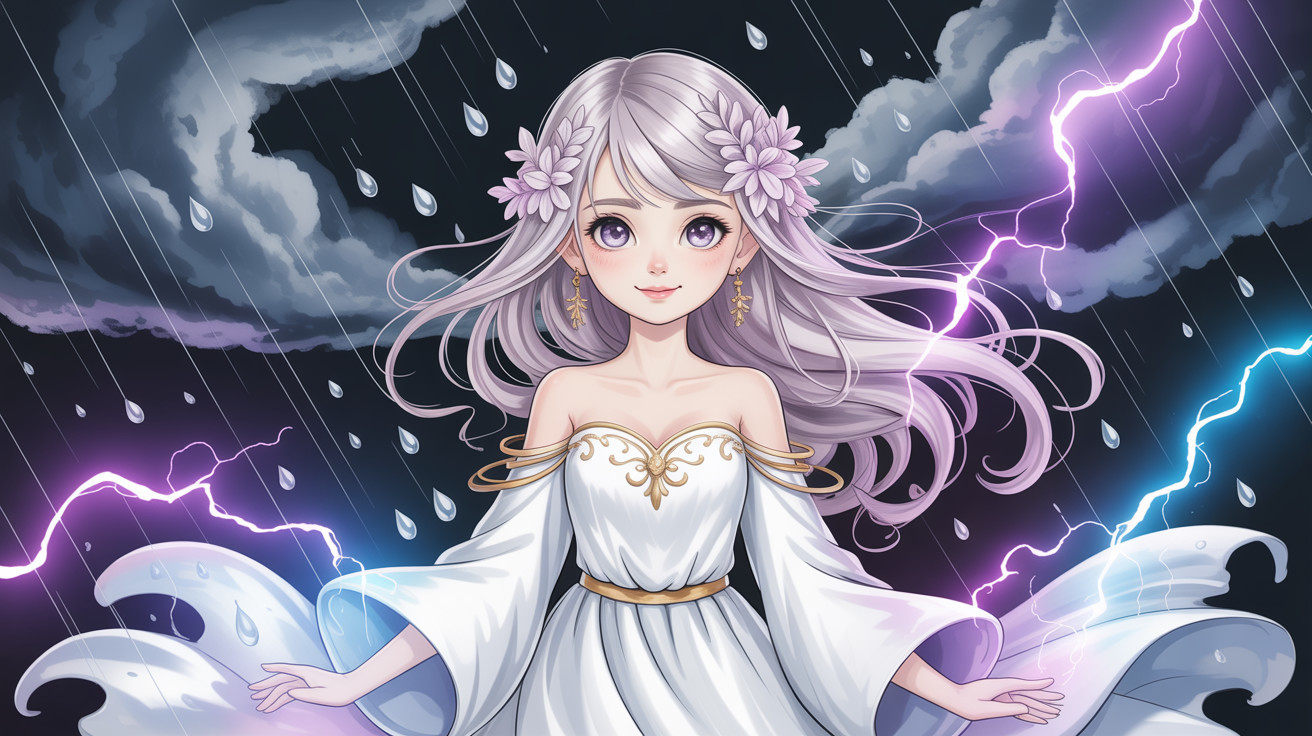 Anime-style digital painting of a young woman in white dress