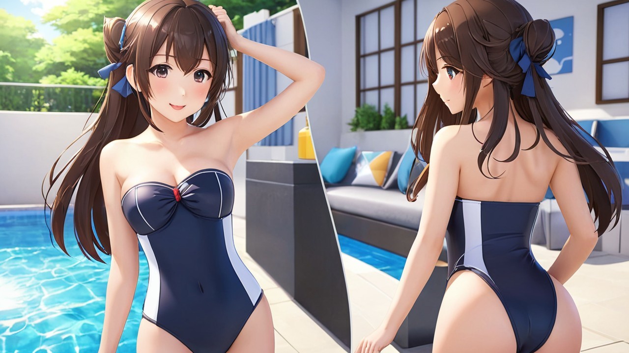 Cheerful anime character by a sparkling poolside