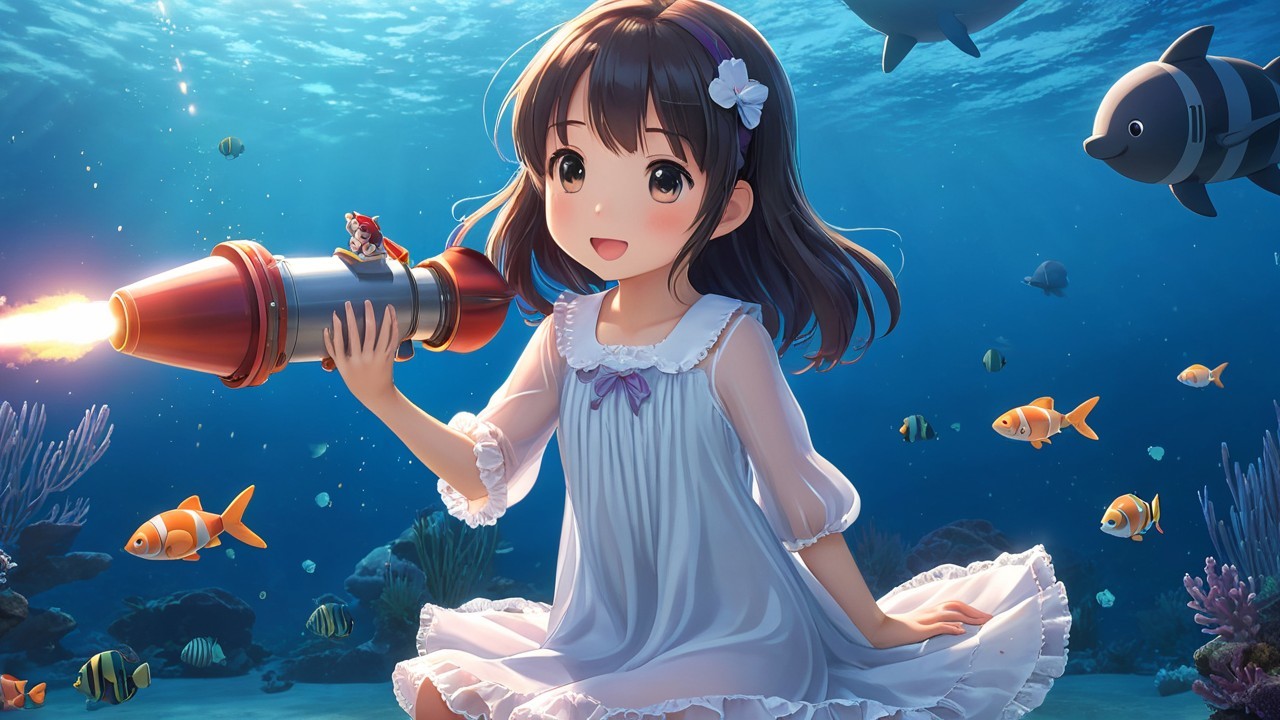 Young girl in white dress underwater with rocket launcher