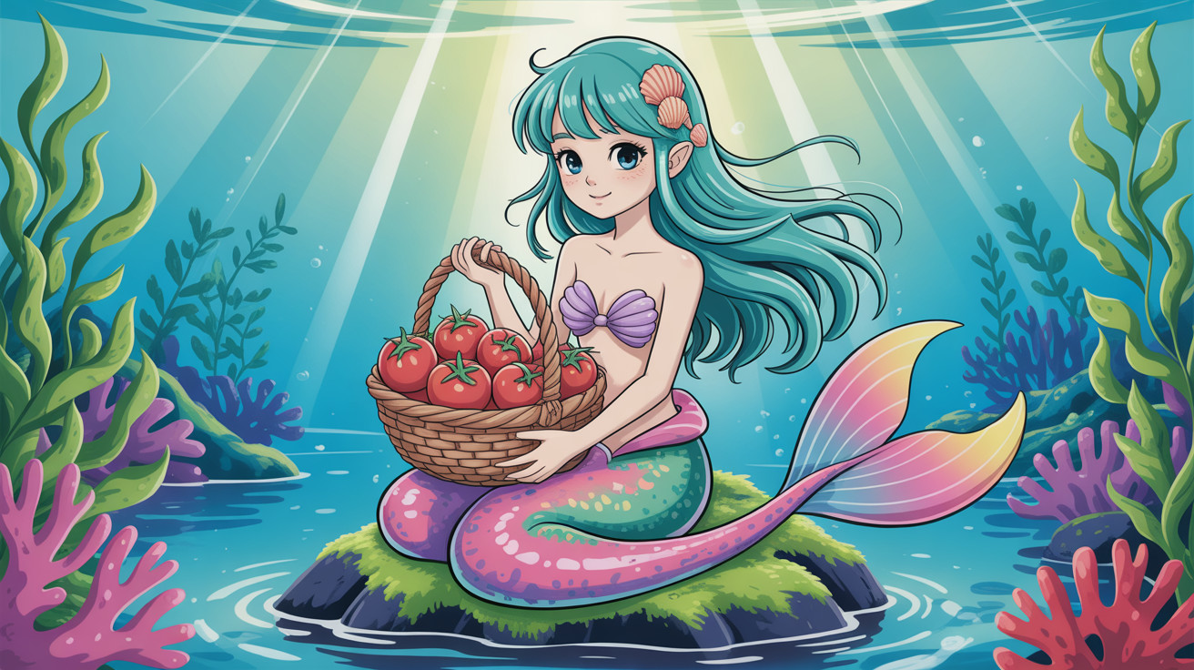 Vibrant Watercolor Mermaid Illustration with Tomatoes