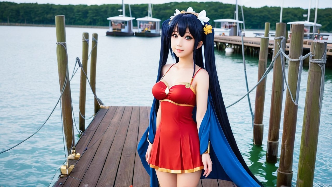 Young Woman in Red Swimsuit on Wooden Dock by Water