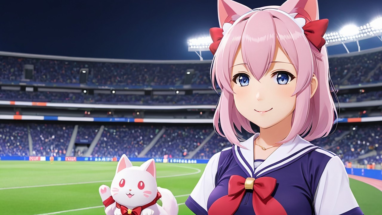 Cheerful Anime Girl in Stadium with Cat Plush Toy