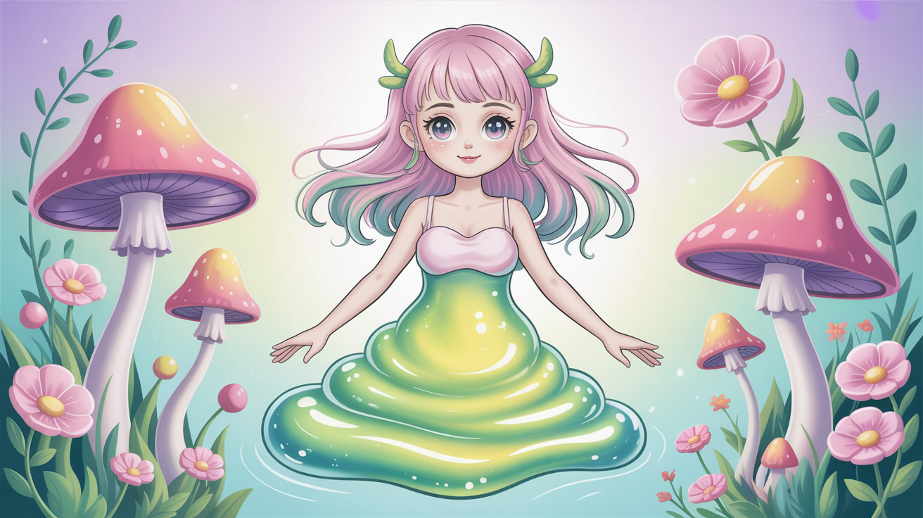 Whimsical anime-style illustration of a girl in liquid