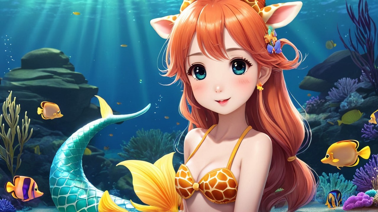 Cheerful Mermaid with Colorful Tail Underwater Scene
