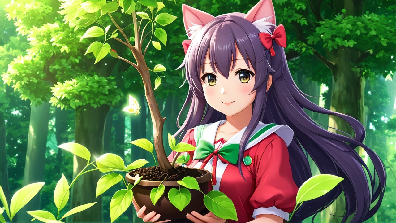 Cheerful anime girl with cat ears in a forest setting