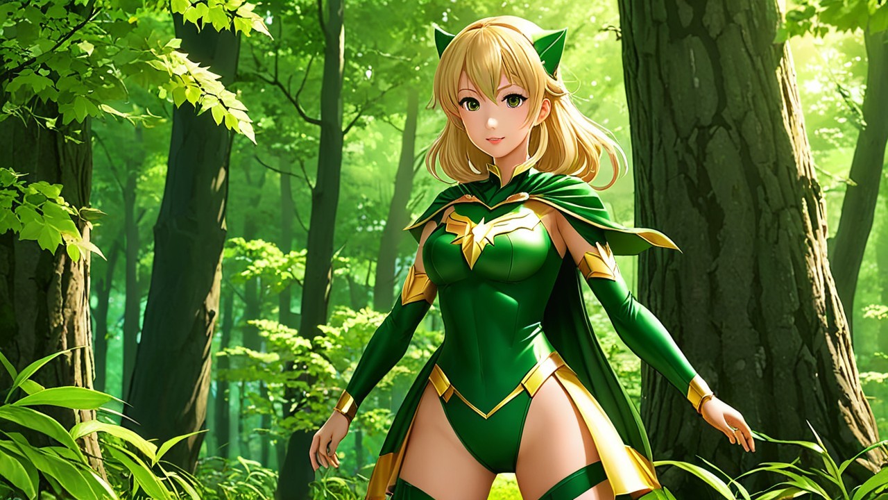 Animated Character in Green Forest with Superhero Costume