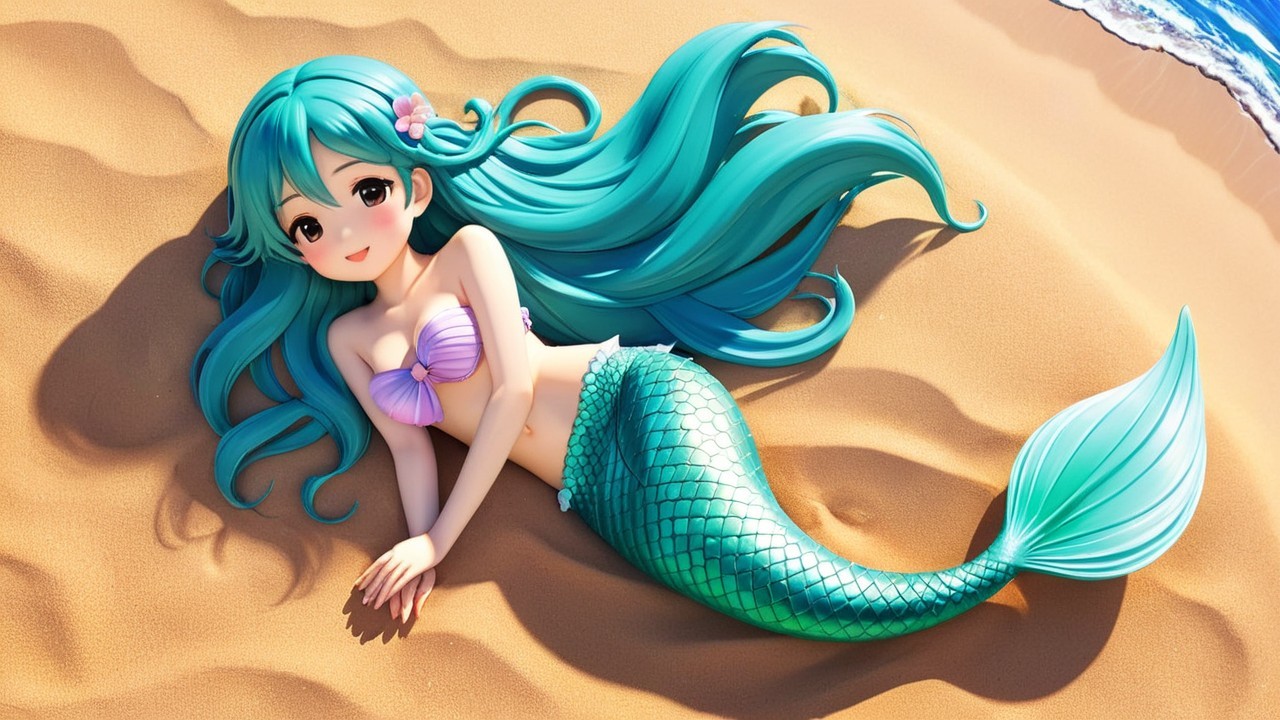 Whimsical Anime Mermaid on Sandy Beach Scene