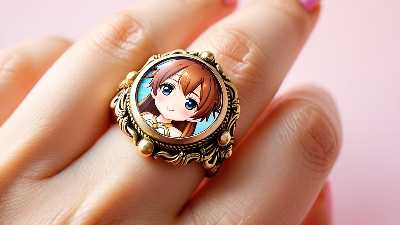 Decorative ring with animated character portrait and gold frame