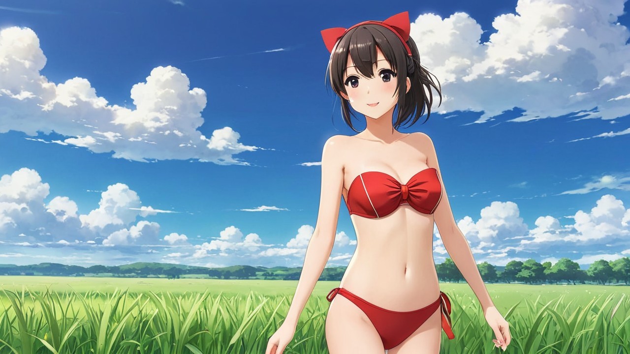 Young woman in red bikini in sunny green field
