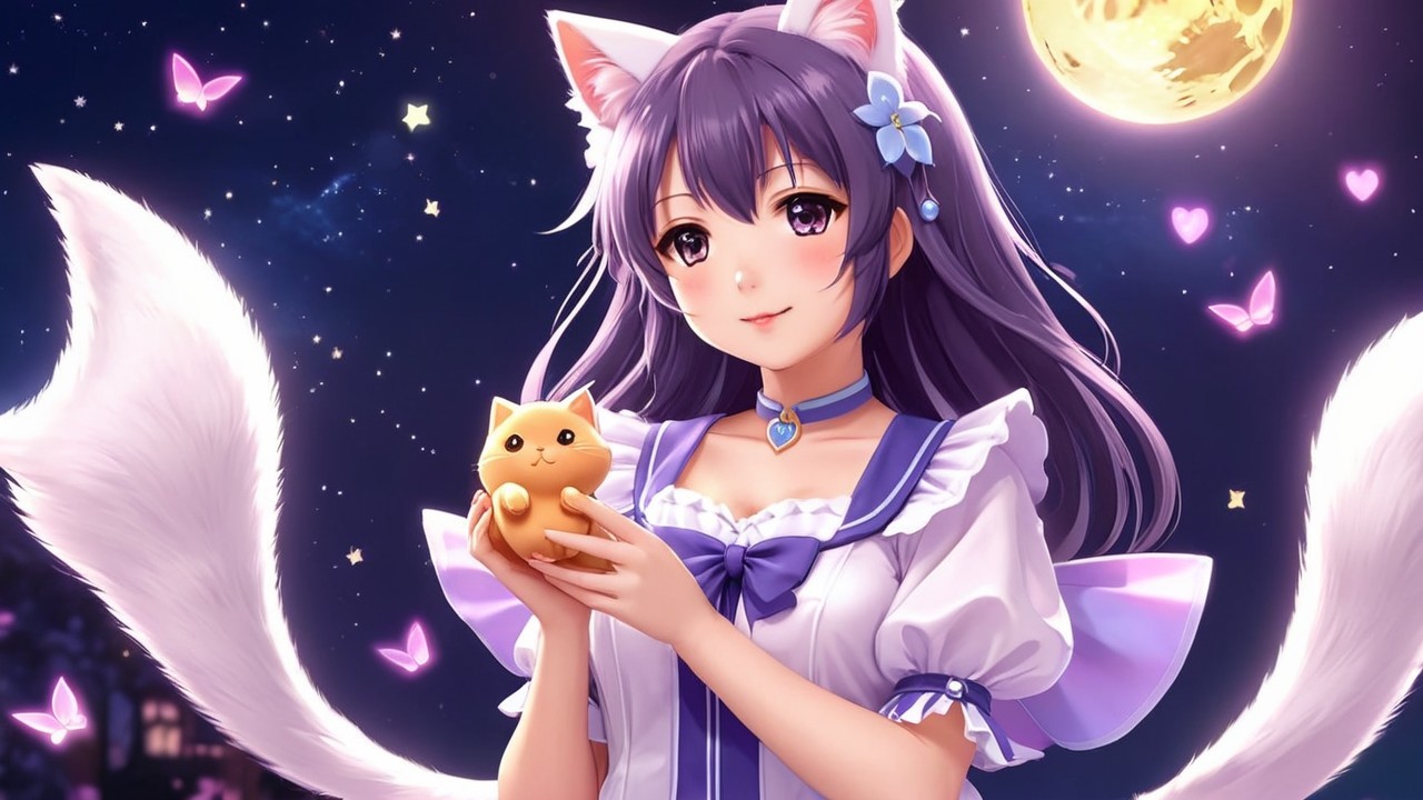 Girl with cat ears and tail under a moonlit sky