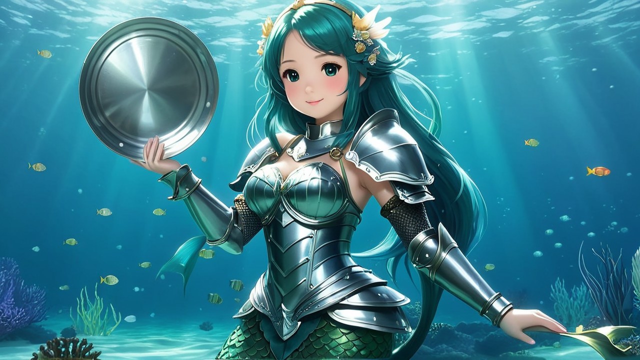 Underwater Scene with a Young Woman in Armor