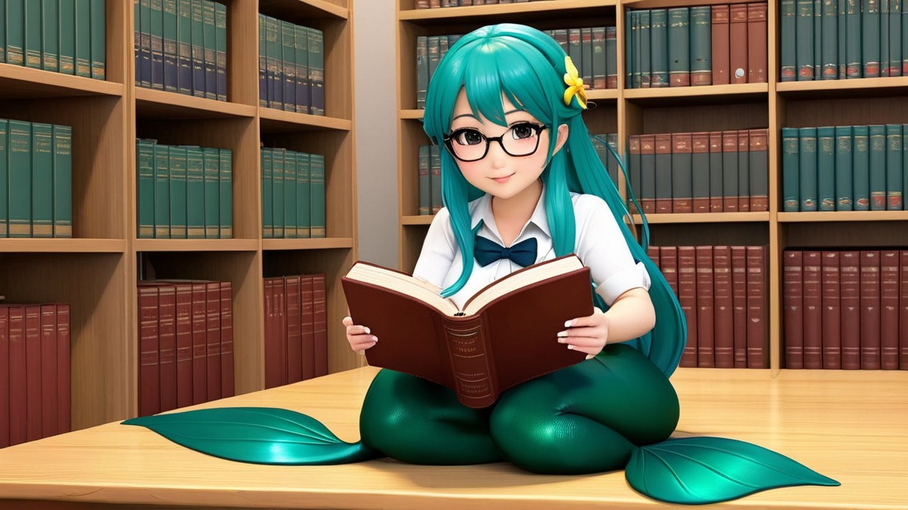 Mermaid Character Reading in a Colorful Library Setting