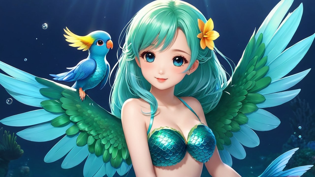Whimsical Underwater Scene with Mermaid and Parrot