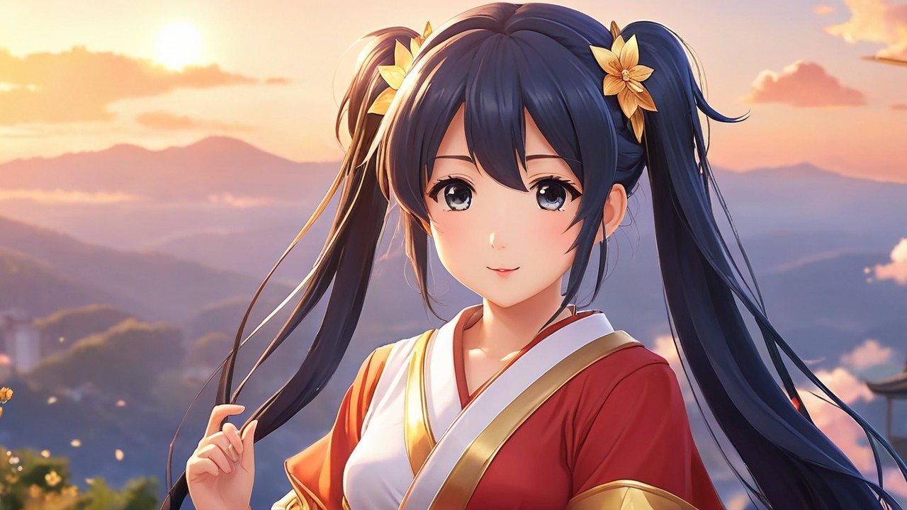 Young Woman in Traditional Outfit at Sunset Scene