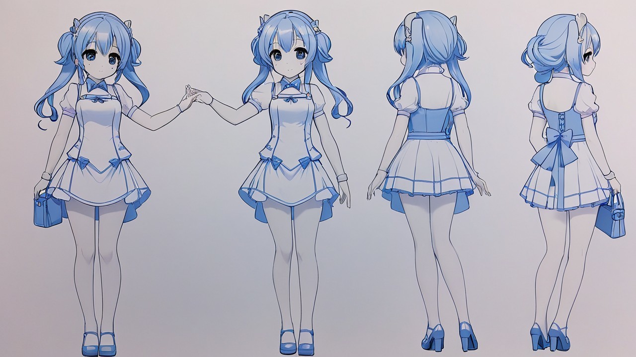 Cute anime girl character design with blue pigtails