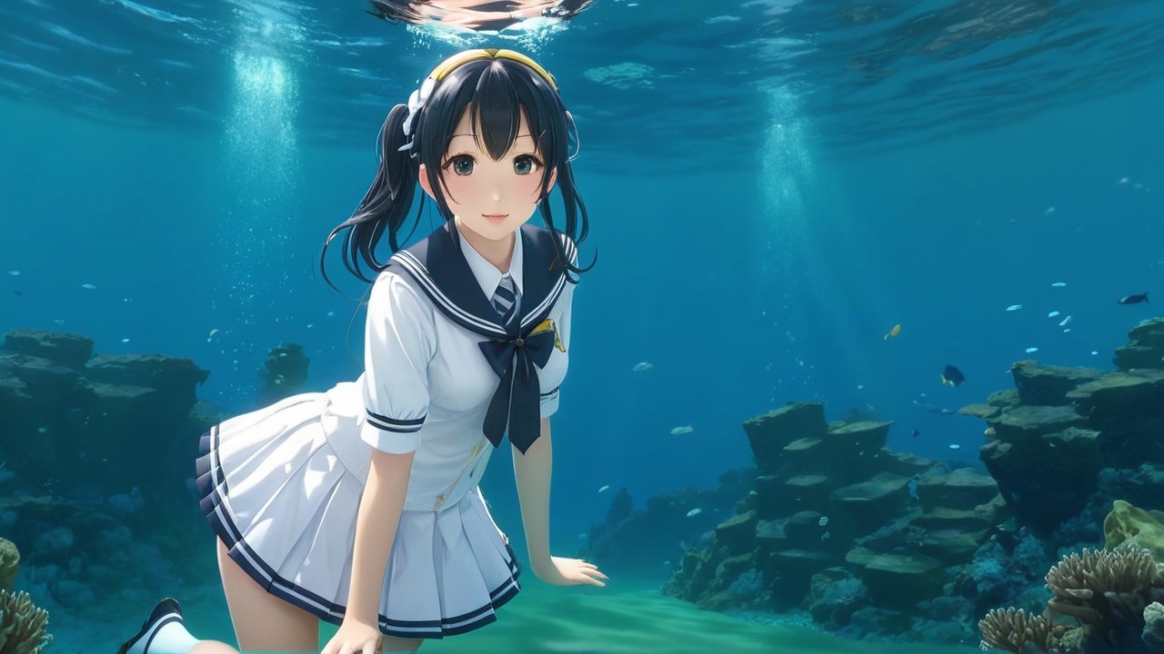 Young Girl in School Uniform Underwater with Marine Life