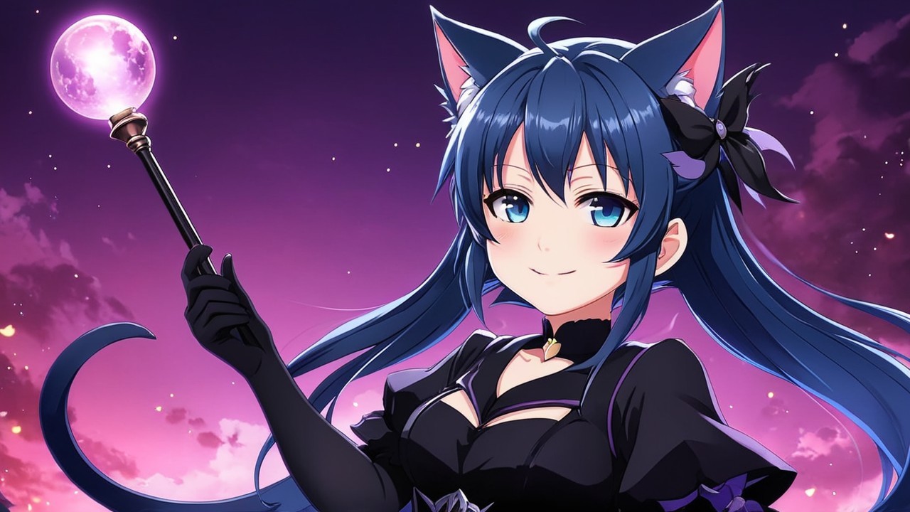 Anime Character with Blue Hair and Cat Ears in Dress
