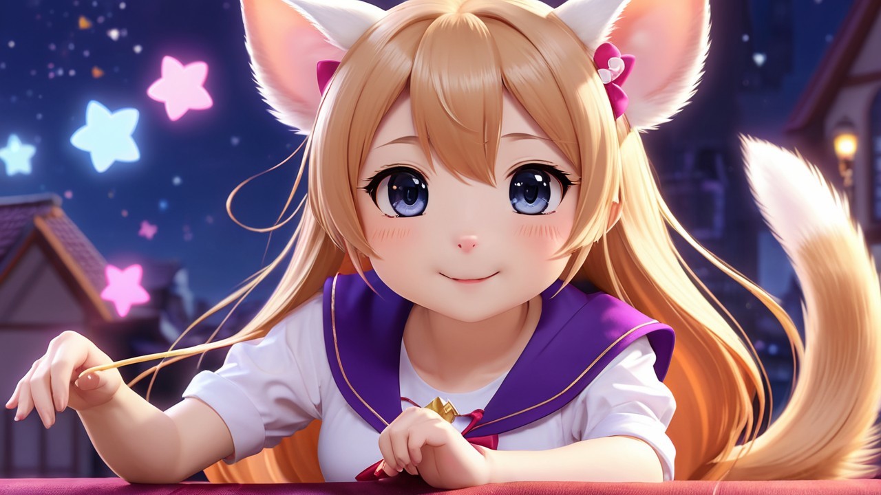 Anime girl with cat ears in sailor outfit against stars