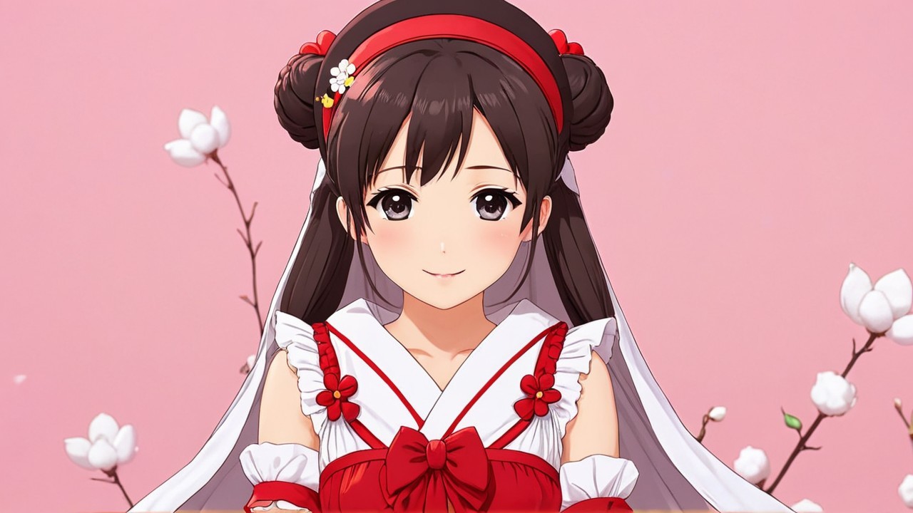 Young girl in traditional attire against pink backdrop