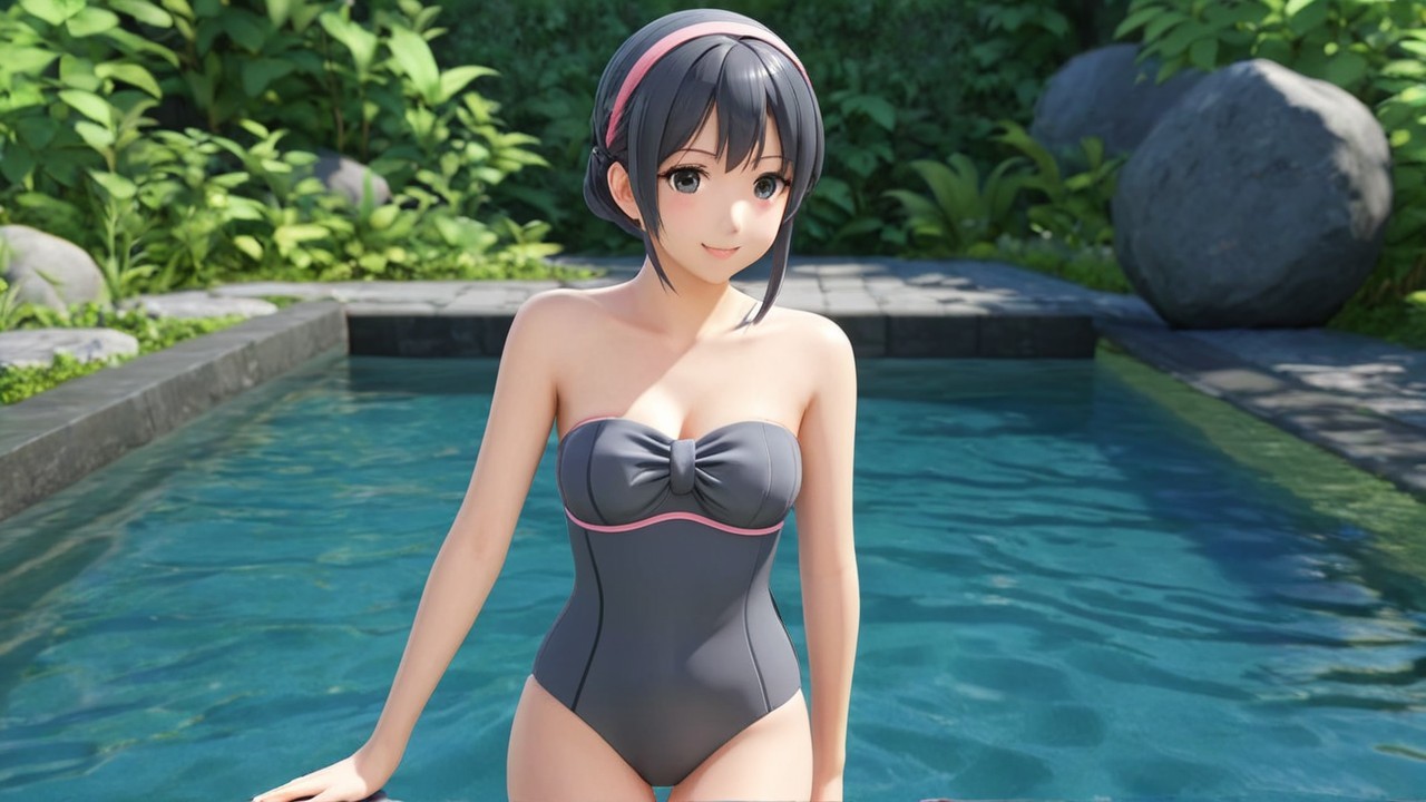 Character in Dark Swimsuit by Serene Poolside