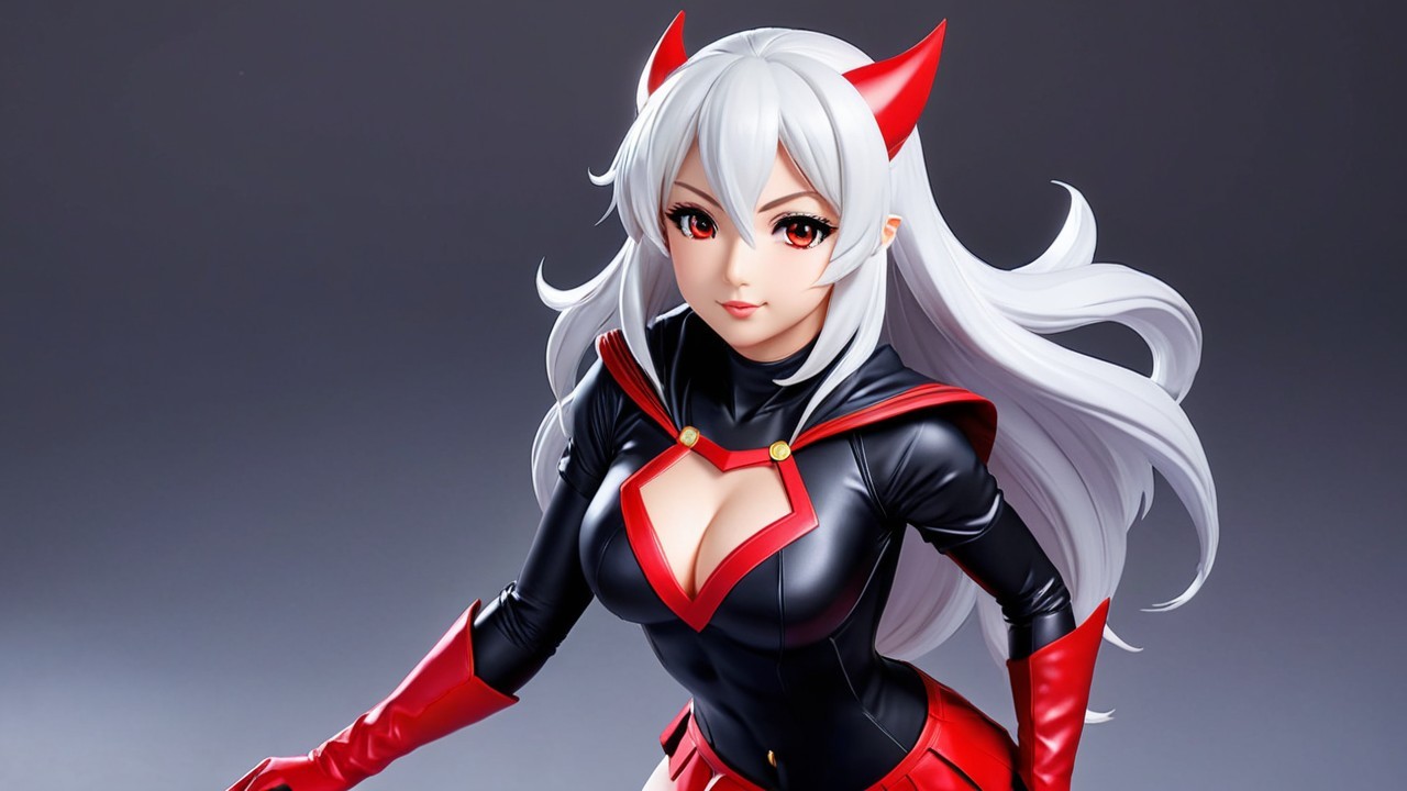 Stylized Character with White Hair and Red Horns