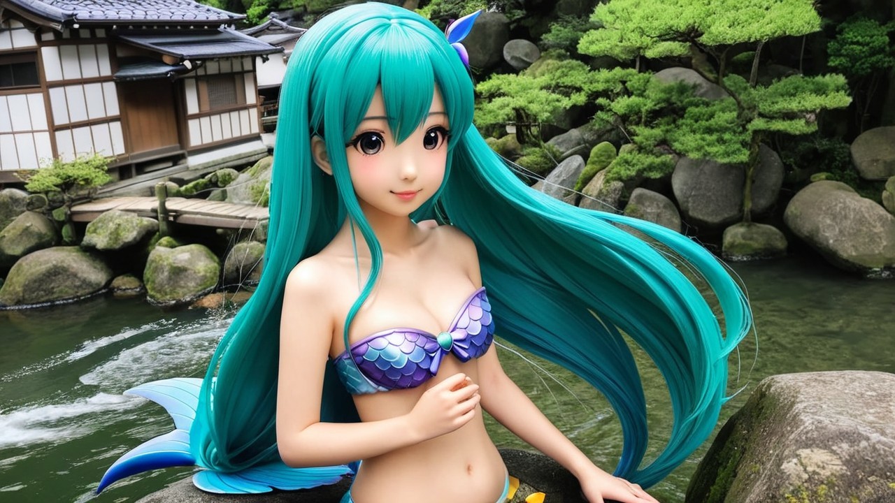 Vibrant Mermaid in Serene Japanese Landscape