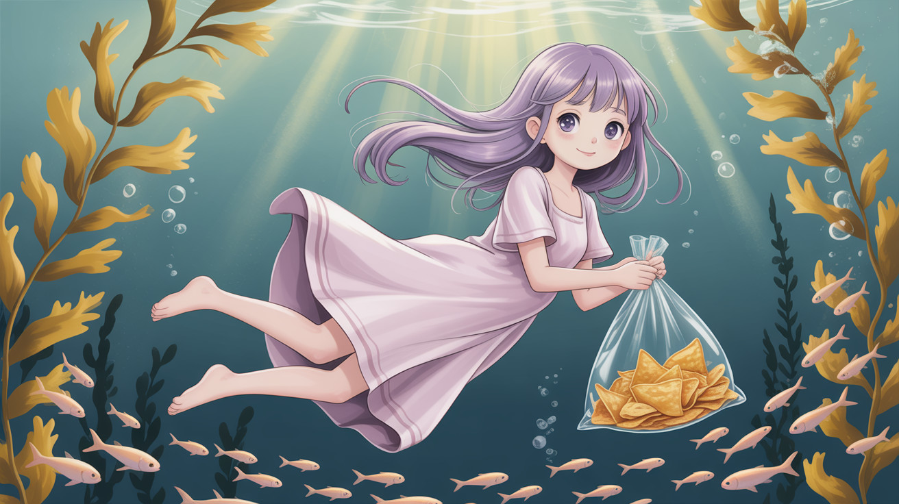 Anime-style underwater scene with girl and tortilla chips