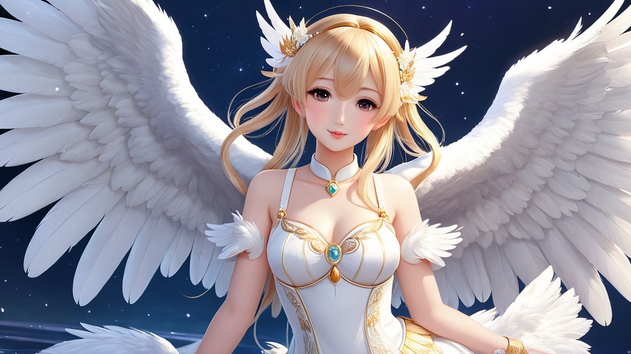 Mystical figure with white wings in starry night sky
