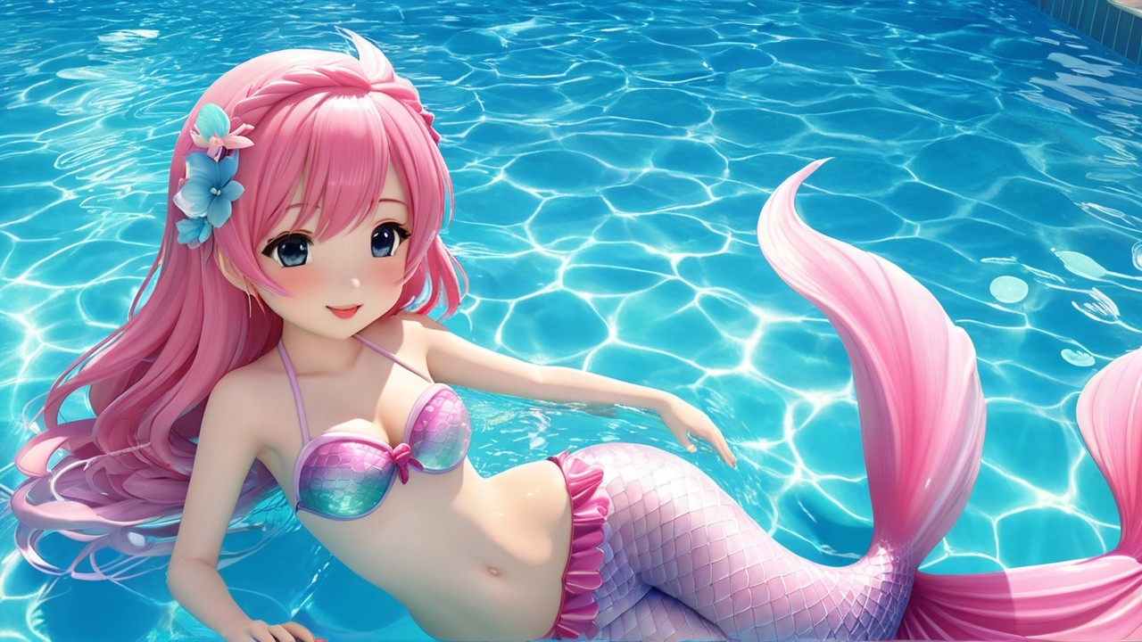 Cheerful mermaid in a bright blue pool setting
