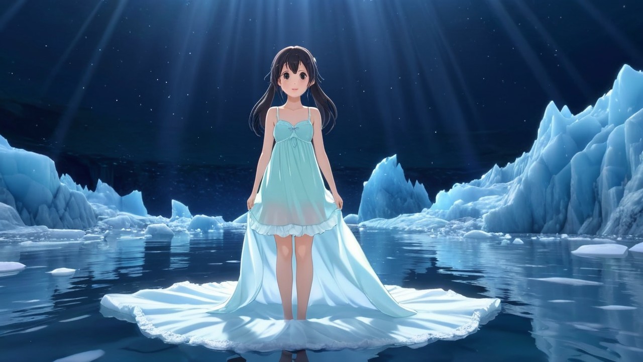 Young girl in light blue dress on icy landscape