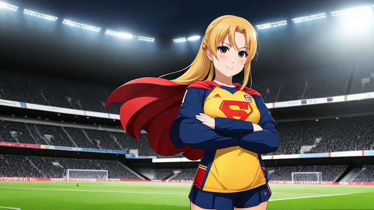 Animated Character in Superhero Outfit on Football Field