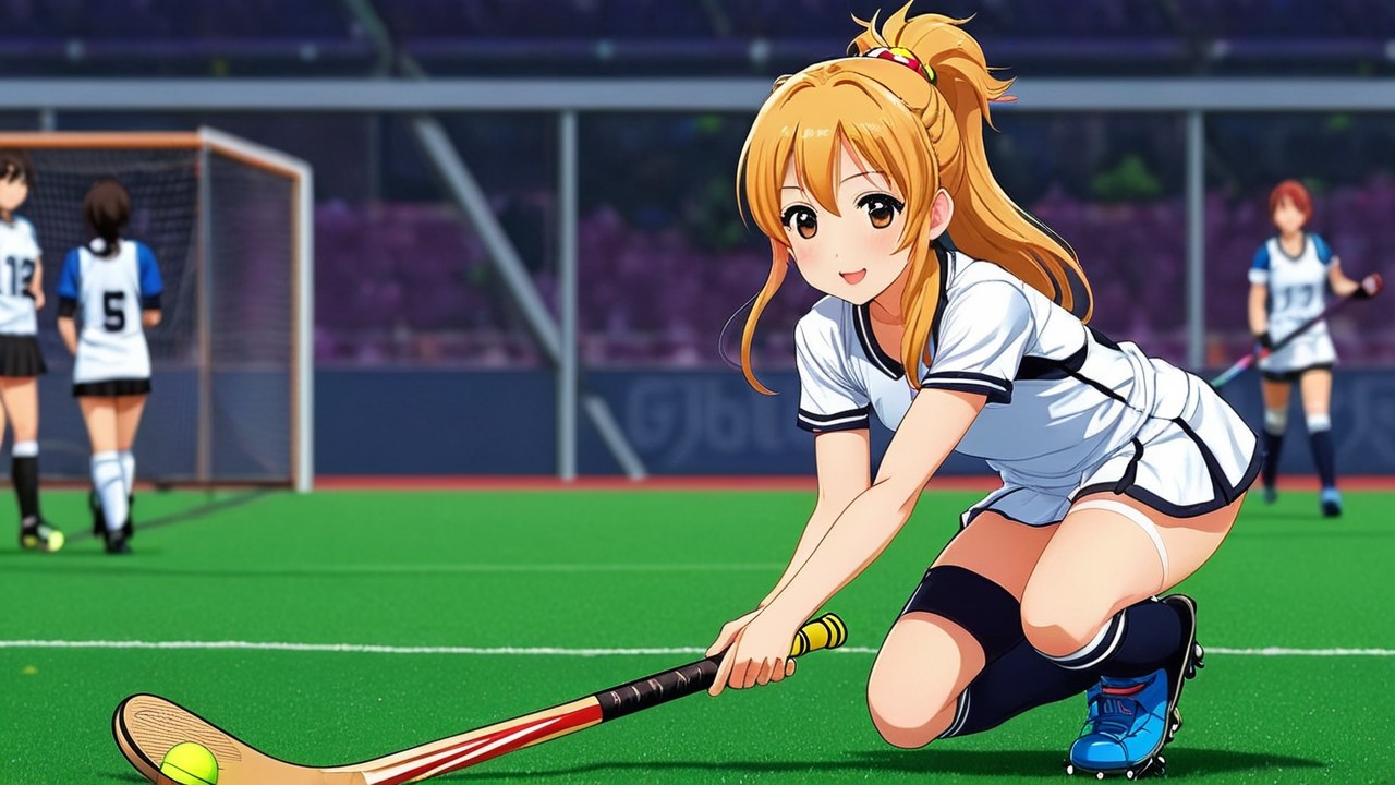 Young Female Athlete Playing Hockey on Green Field