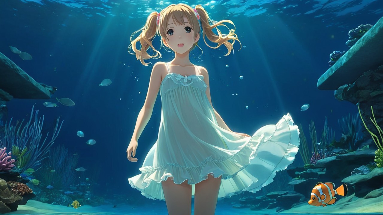 Underwater Scene of a Girl Swimming with Fish