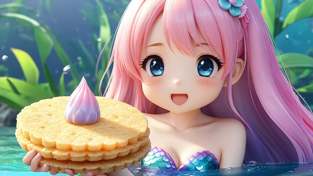 Cheerful character in pastel pink hair underwater scene