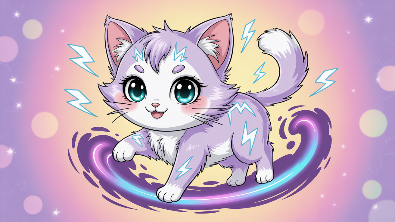 Cartoon Cat with Purple and Teal Features on Energy Trail