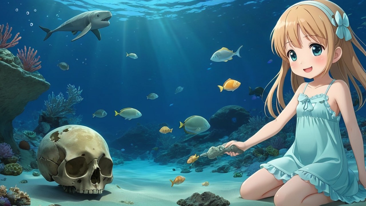 Young girl and fish on ocean floor with coral and skull