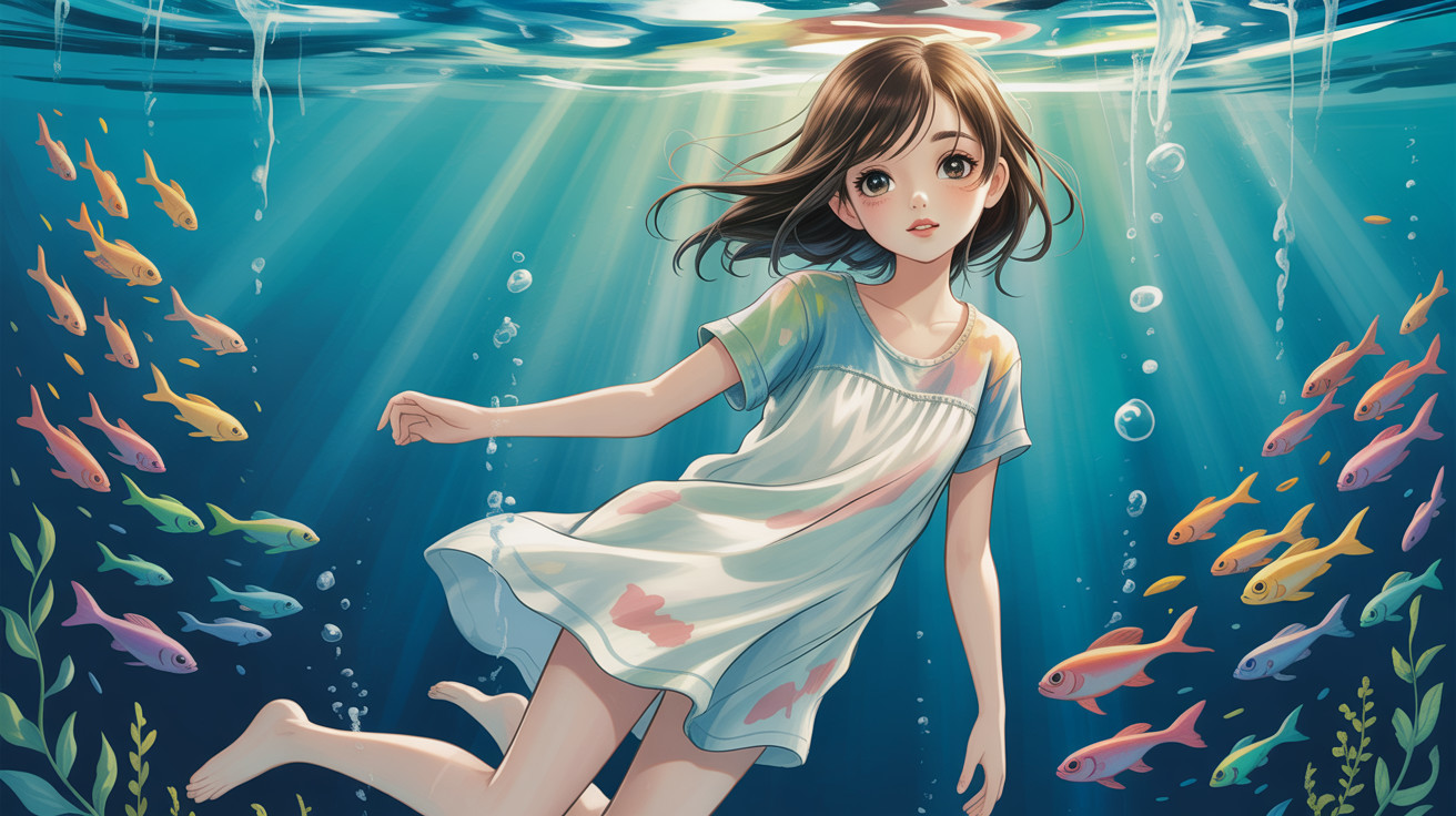 Young girl in flowing dress floating underwater