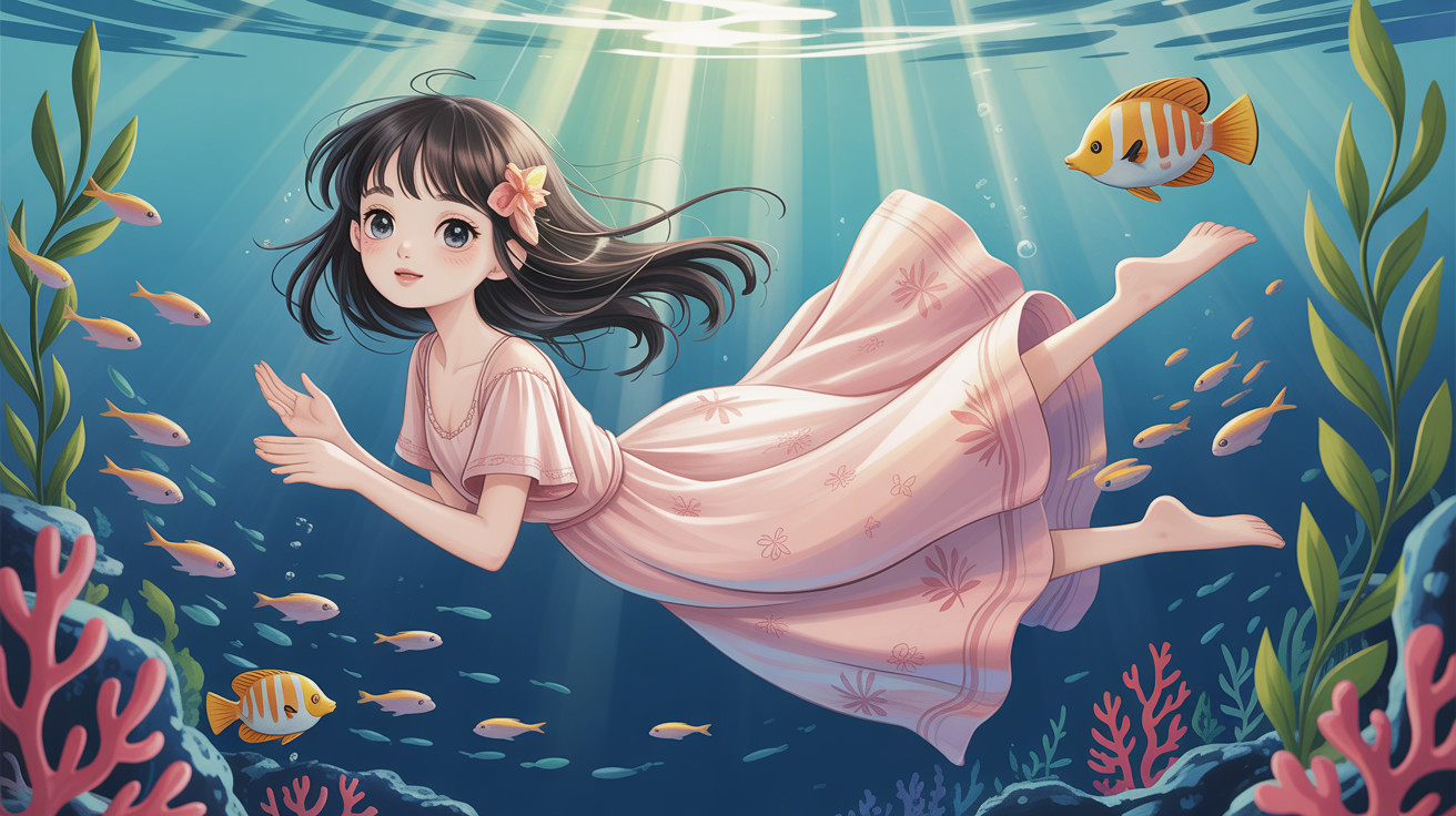 Anime Illustration of a Girl in Blue Water with Fish